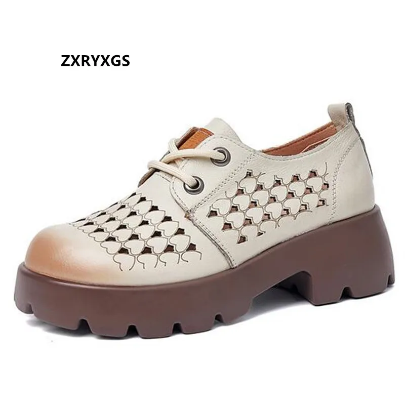 

2022 New Spring and Summer Top Layer Cowhide Hollow Hole Shoes Woman Sandals Thick-soled Thick High Heels Women Leather Shoes