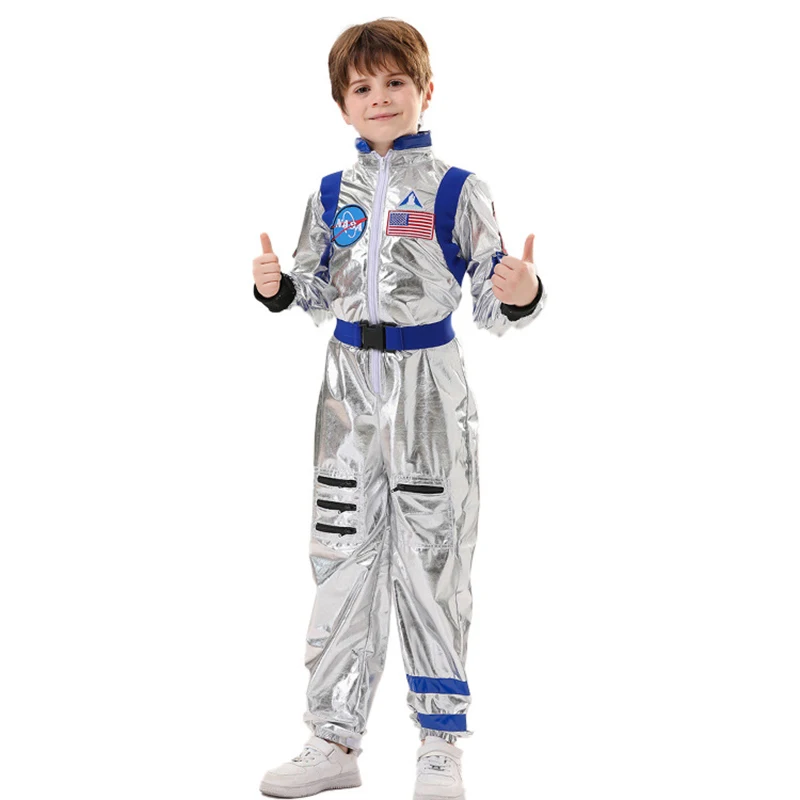Kids Cosplay Costume Astronaut Silver Jumpsuit Space Themed Party Dress Up for Boys and Girls