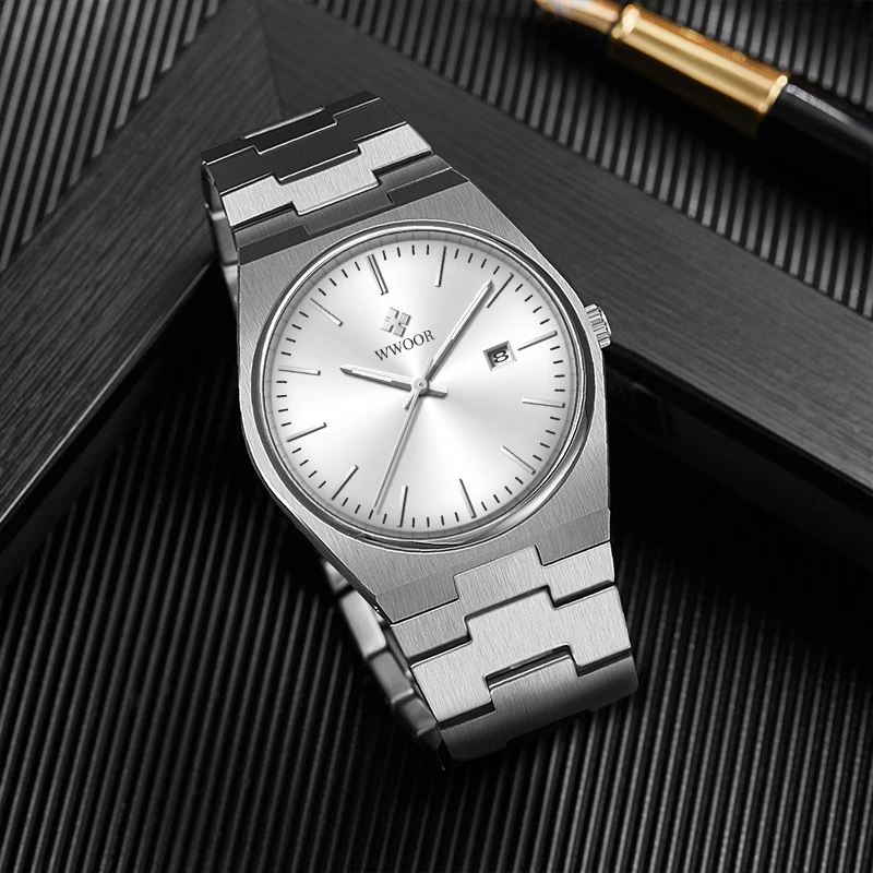 WWOOR Luxury Watch For Men Stainless Steel Sapphire Glass Man's Watches Waterproof Automatic Date Men Quartz Wristwatch Gift Box