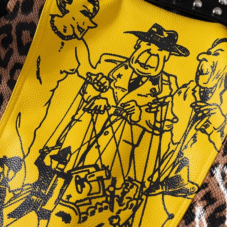 Motorcycle Cropped Leather Jacket Women 2024 Trend Punk Style Streetwear Graffiti Print Contrast Faux Leather Studded Jacket