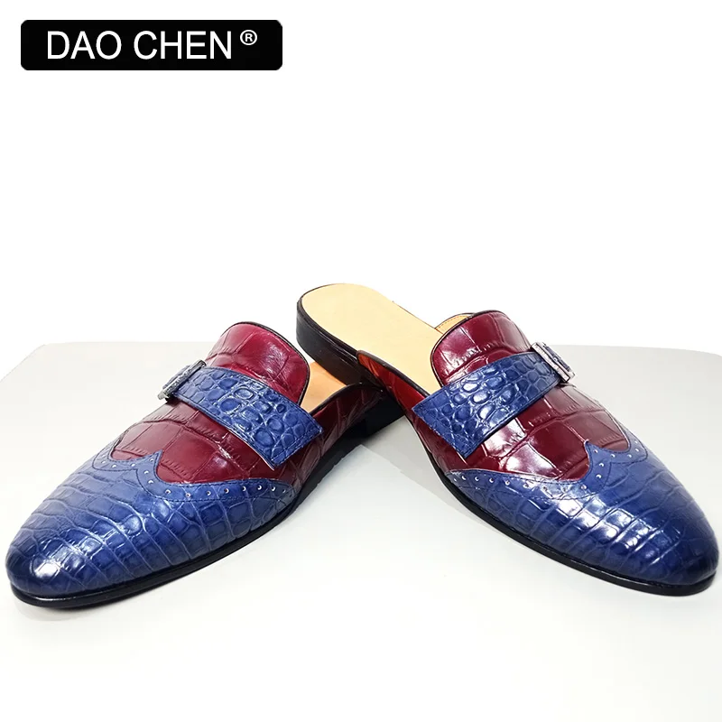 LUXURY MEN'S SHOES BLUE MIXED RED ROUND TOE CASUAL DRESS SHOES BREATHABLE COMFORTABLE GENUINE LEATHER HALF SHOES FOR MEN