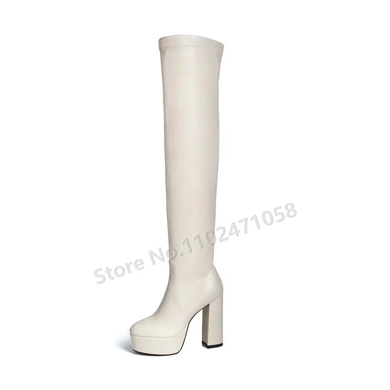 

Winter Chunky Platform Over The Knee Long Boots Women Catwalk Round Toe Square Heel Strecth Boots Ladies Party Hight Heels Shoes