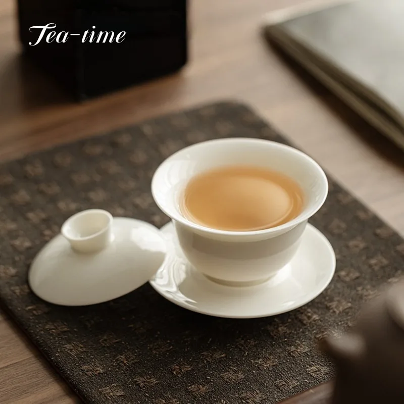 Sheep Fat Jade Gaiwan White Porcelain Sancai Large Handmade KungFu Tea Set Puer Chawan Tureen Supplies Gaiwan Bowls Tableware