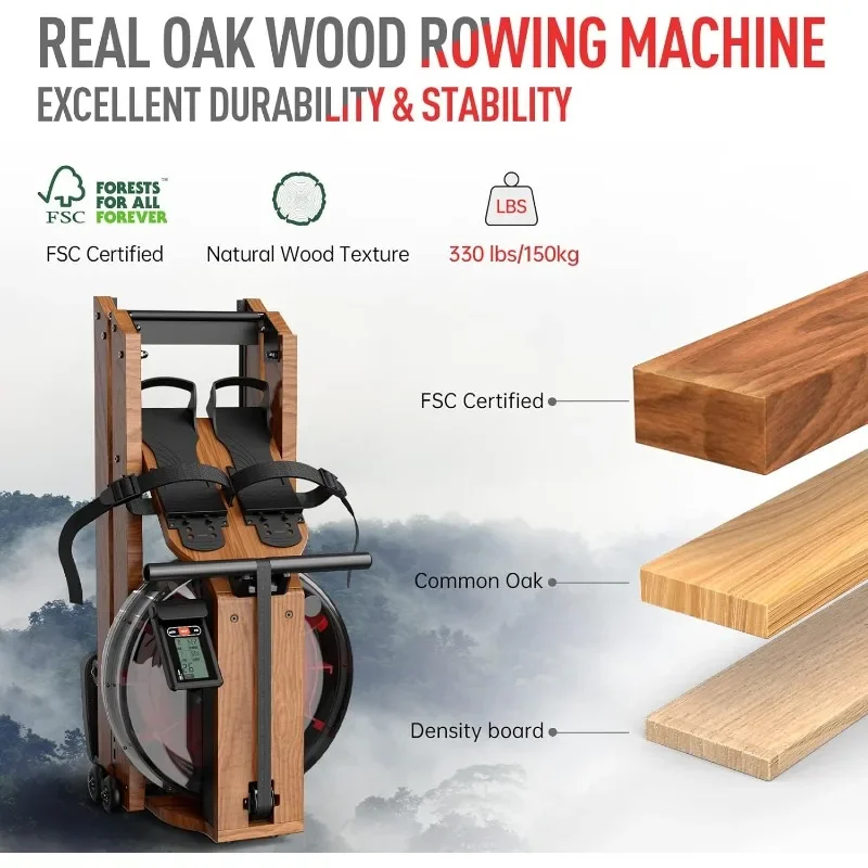Water Rowing Machine for Home Use Oak Wood Foldable Rower Machine 330lbs Weight Capacity with Bluetooth Monitor Phone Holder