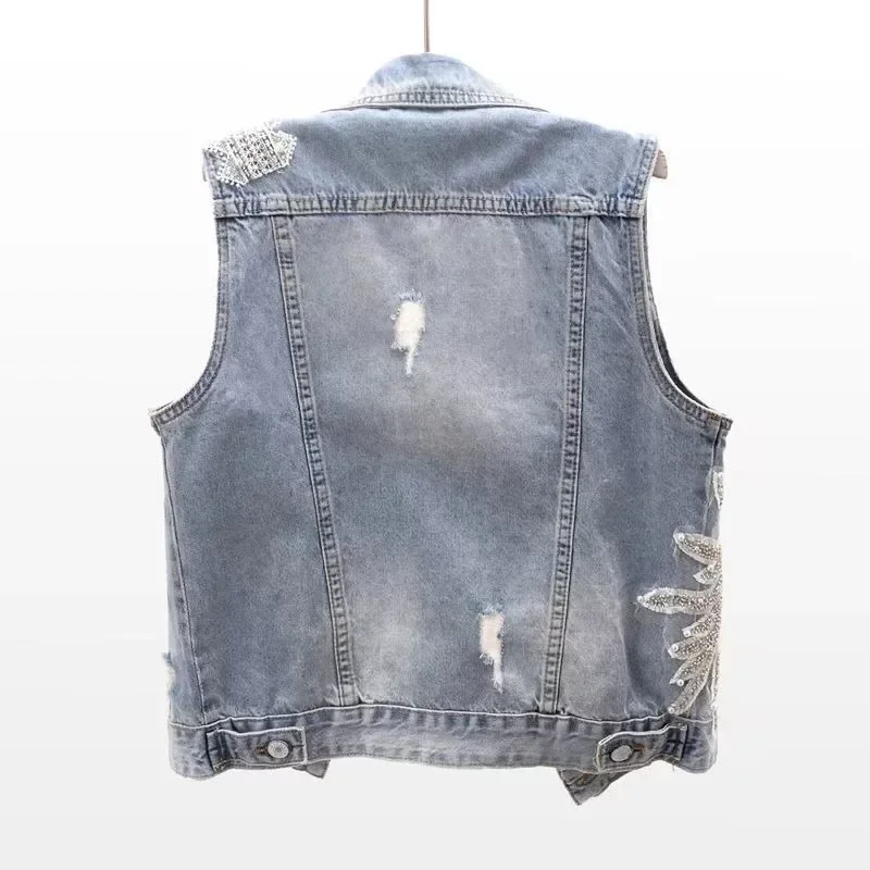 여성용 레이스 비즈 데님 조끼, 용수철 민소매 재킷, 루즈 빈티지 청바지 조끼, 타이드 R359, 패션 가디건, 2024 신상