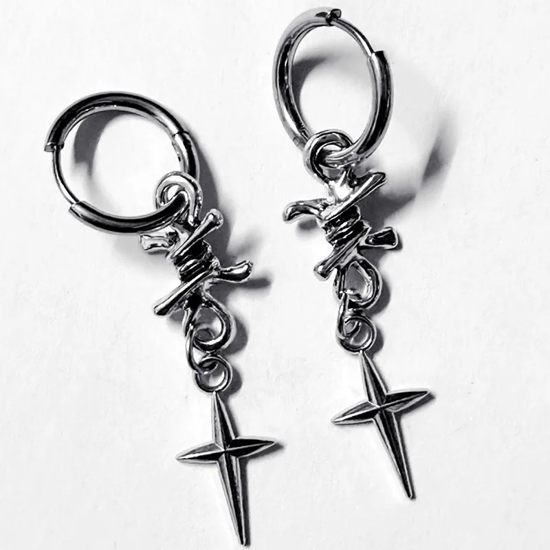 Gothic Metal Thorns Cross Earrings Hip Hop Rock Glamor Earrings Women Korean Fashion Aesthetic Jewelry Punk Earrings Accessories