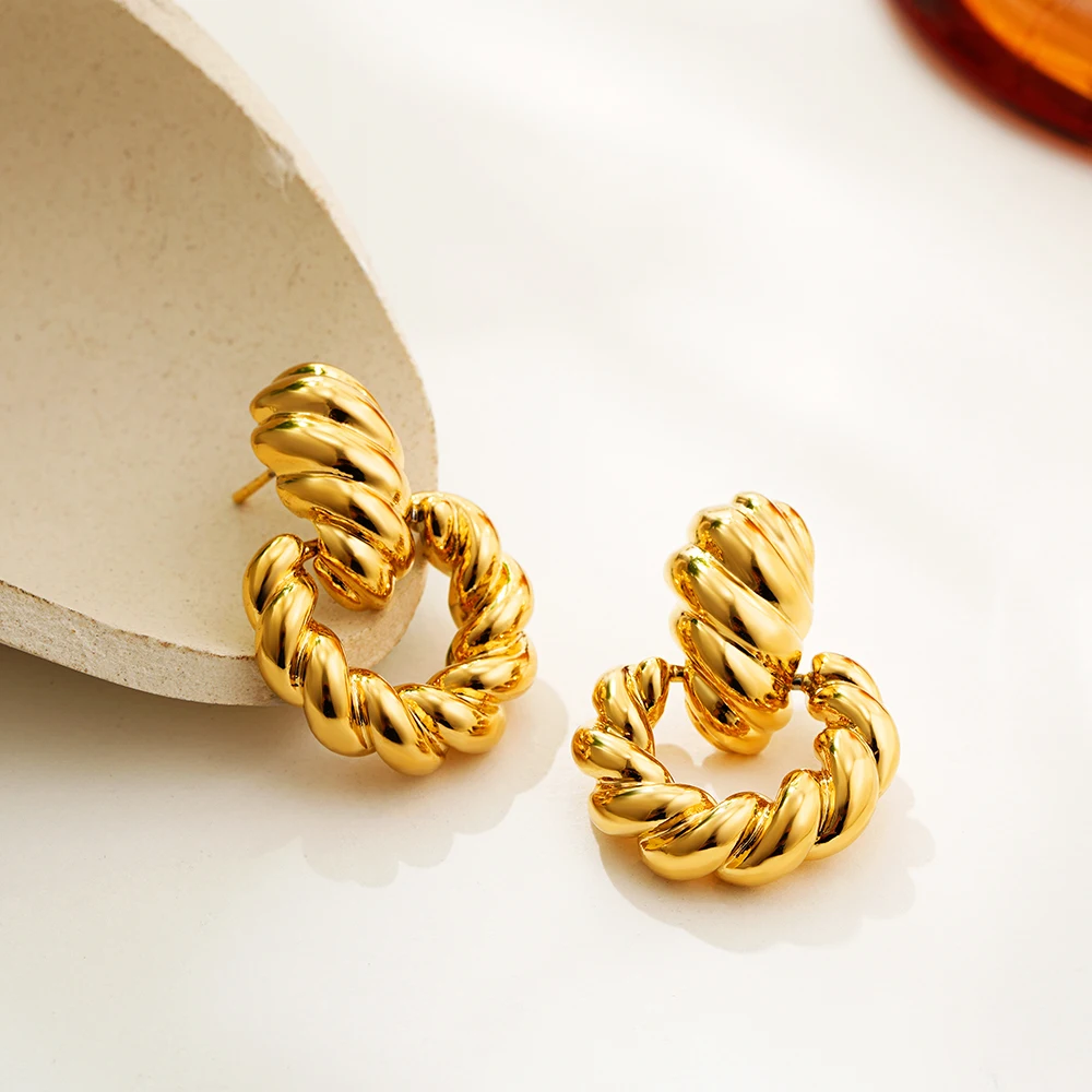 Chunky Rope Twist Circle Ear Hoops Gold Color Geometric Non Tarnish Stud Earrings Waterproof Lightweight Jewelry Pendientes Aros