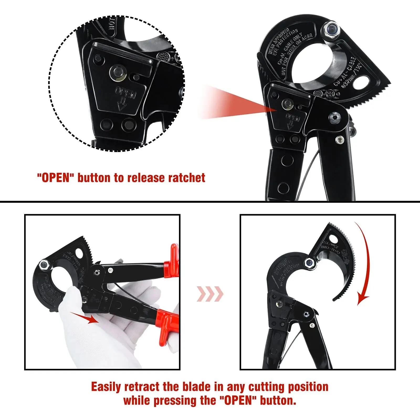 Wire Cutter 1pc Ratcheting Heavy Duty Electricians Cutting Aluminum Copper Soft Wire up to 600MCM HS-325A