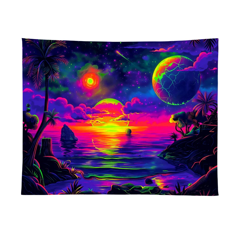1 Stück UV-reaktives Wandteppich, Strand-Kokosnussbaum, Sternenhimmel, Universum, Sonnenuntergang, Wandteppich, ästhetische Wandbehang für Zimmer und Wohnzimmer – Detail 11