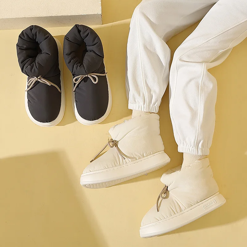 Gacimy Winter Women Cotton Slippers Fashion Outdoor High-top Down Snow Boots Comfort Soft Sole Fur Slides Warm Fluffy Home Shoes