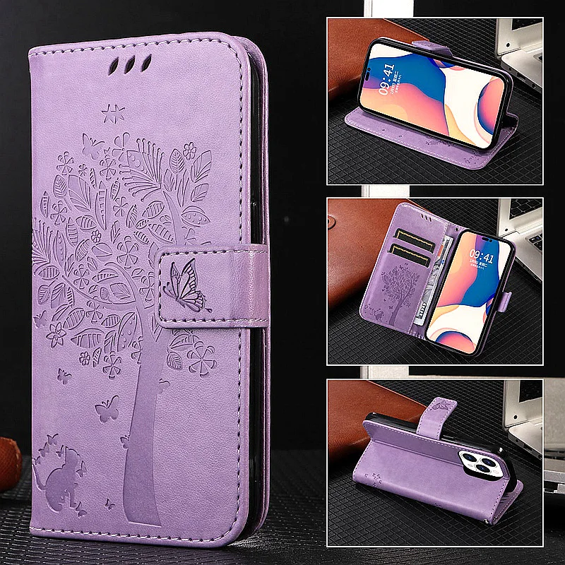 Geprägte Katzen-Schutzhülle für Realme C31 C35 C11 C15 C17 C20 C21 C21Y GT neo 3T, PU-Leder, Flipcase für Realme 9i 9 Pro_voghion.com