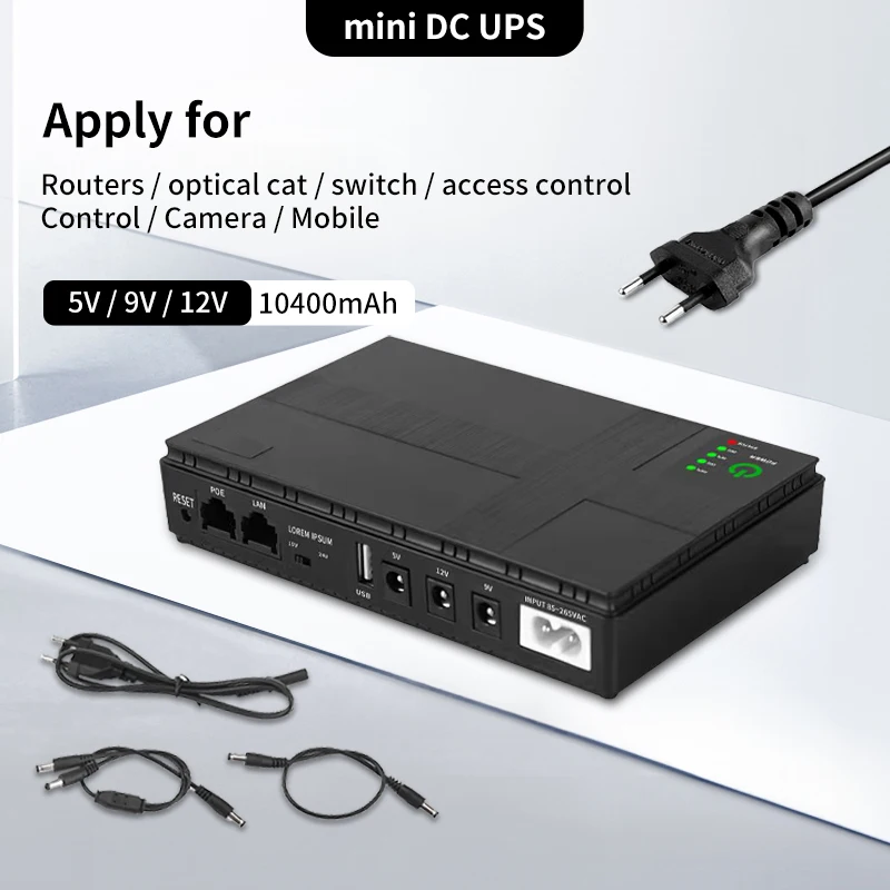 DC Mini UPS uninterruptible power supply router 5V9V12V multi port with POE optical modem mobile switch 10400mah DC backup power