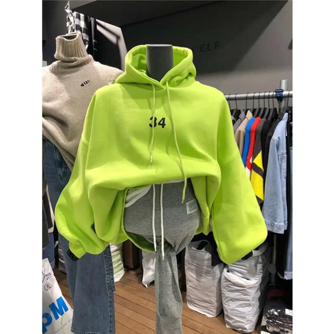 Loose Drawstring Fleece Sweater SweatershirAutumn Winter New Women Fashion Neon Green Long Sleeve Hoodies Korea Dongdaemun