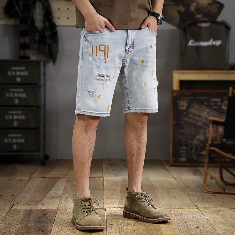 

Retro White High-End Denim Shorts Men's Splashed Ink Printing Design Straight Shorts Trendy All-Matching Ripped Middle Pants