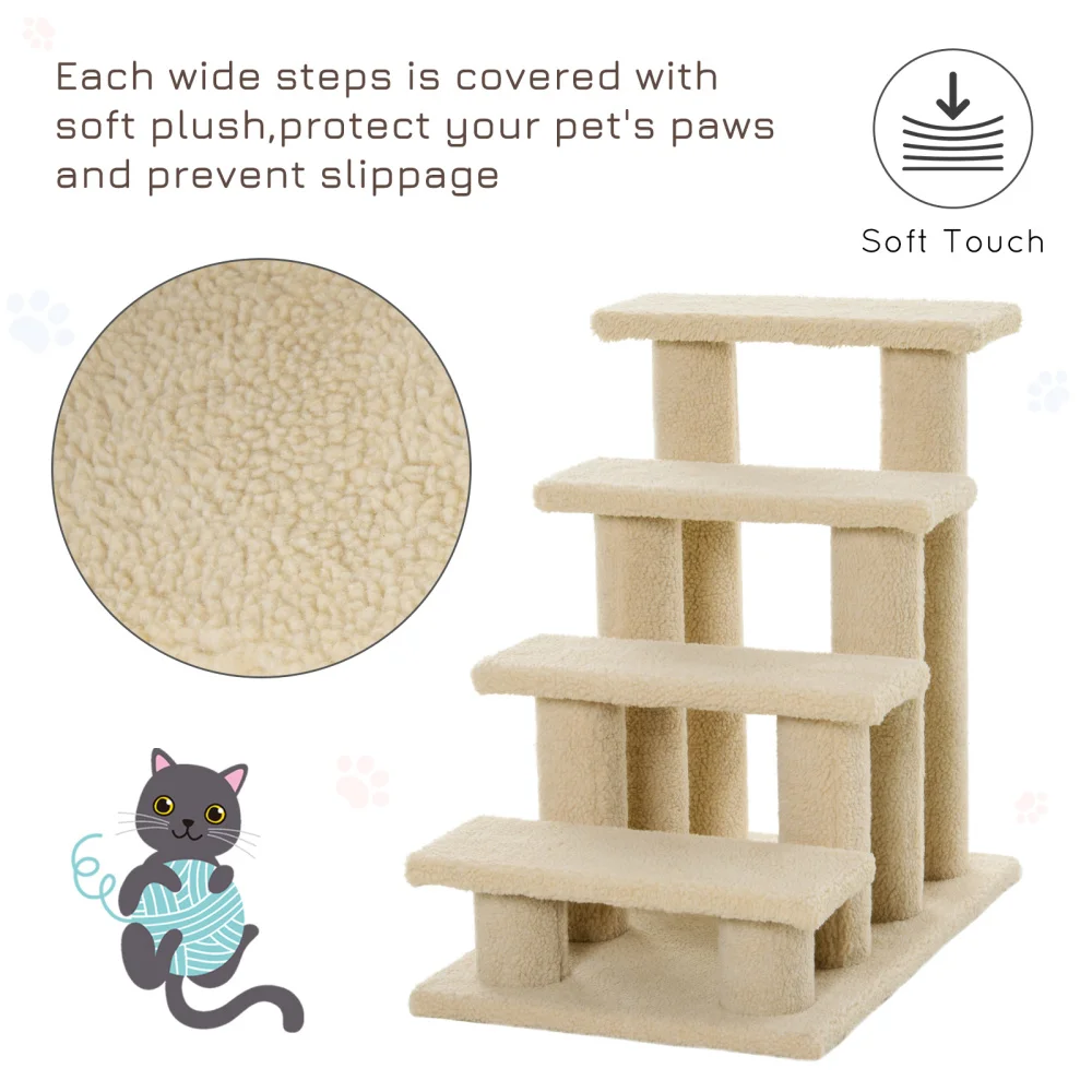 PawHut 25" 4-Step Multi-Level Carpeted Cat Scratching Post Pet Stairs Beige Large Cat Tree Kitten Apartment Scratch Able