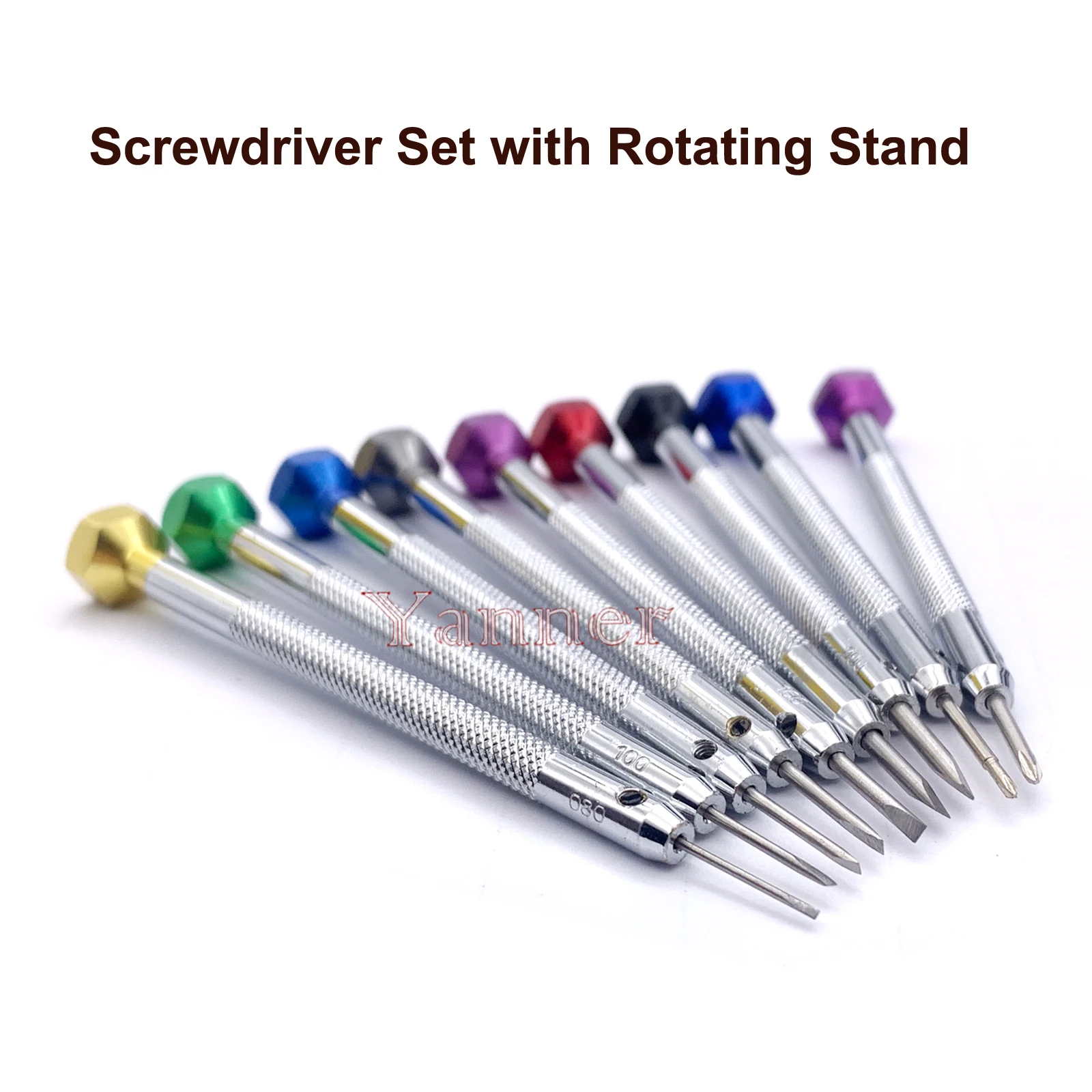 A+ Watch Repair  9 pcs Screwdriver Set  with Rotating Stand and Replacing Tips Flat Head and Phillips Head Watch Tool Kits