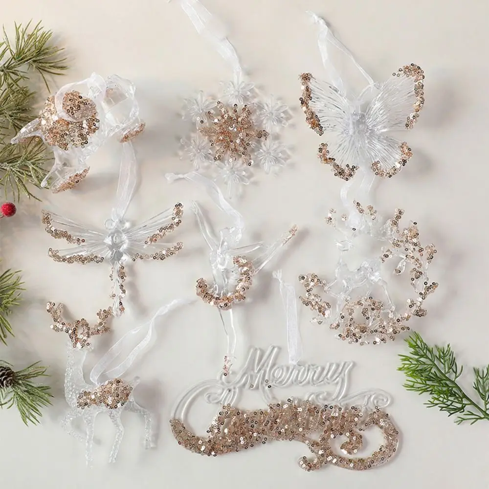 Sparkling Snowflake Ice Strip Pendants Gold Sequin Ballet Girl Xmas Tree Hanging Ornament Transparent DIY