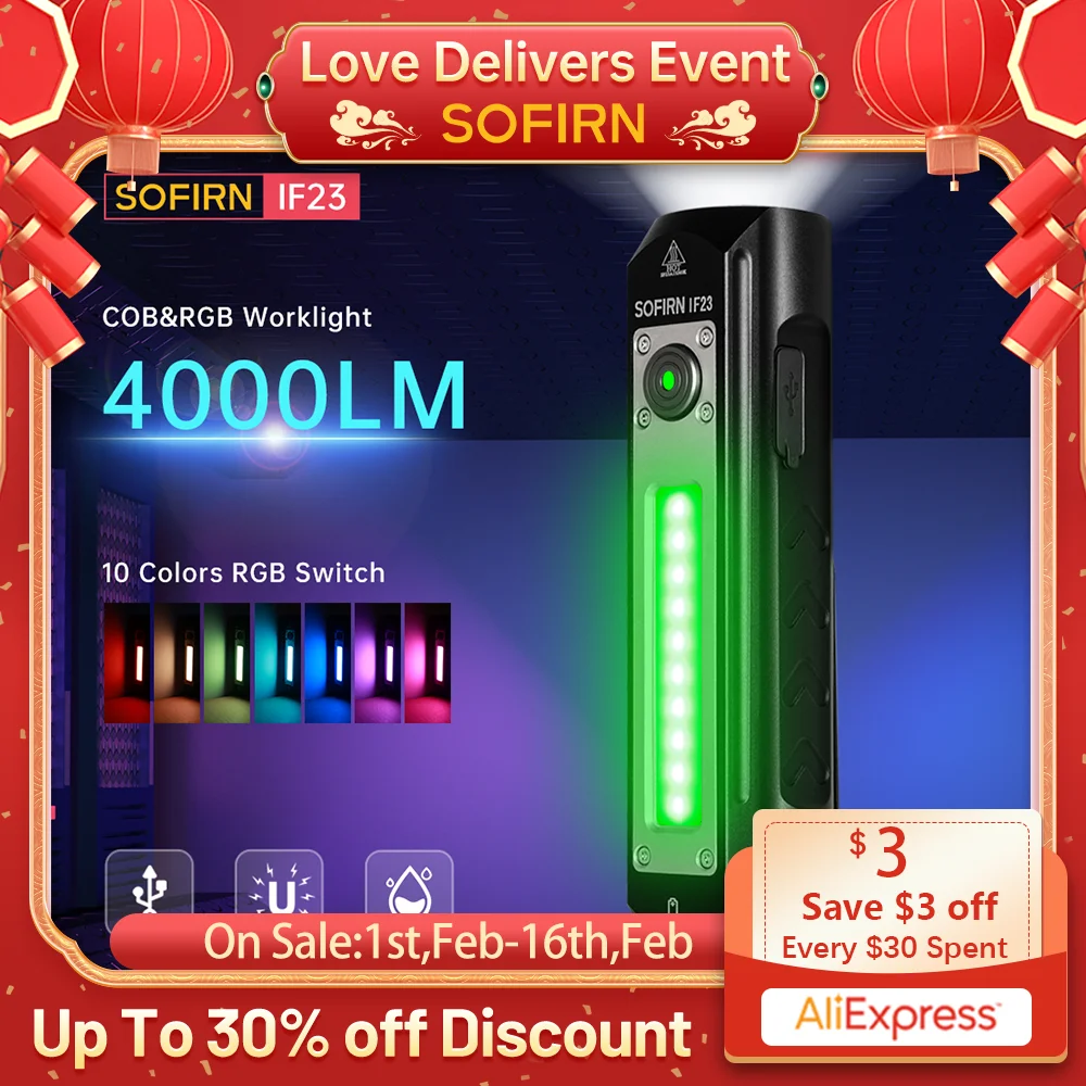 Sofirn IF23 Flashlights 4000lm Spotlight Floodlight Color 3 Types Bright Side Lamp Magnetic Tail Type C 21700 Rechargeable Torch