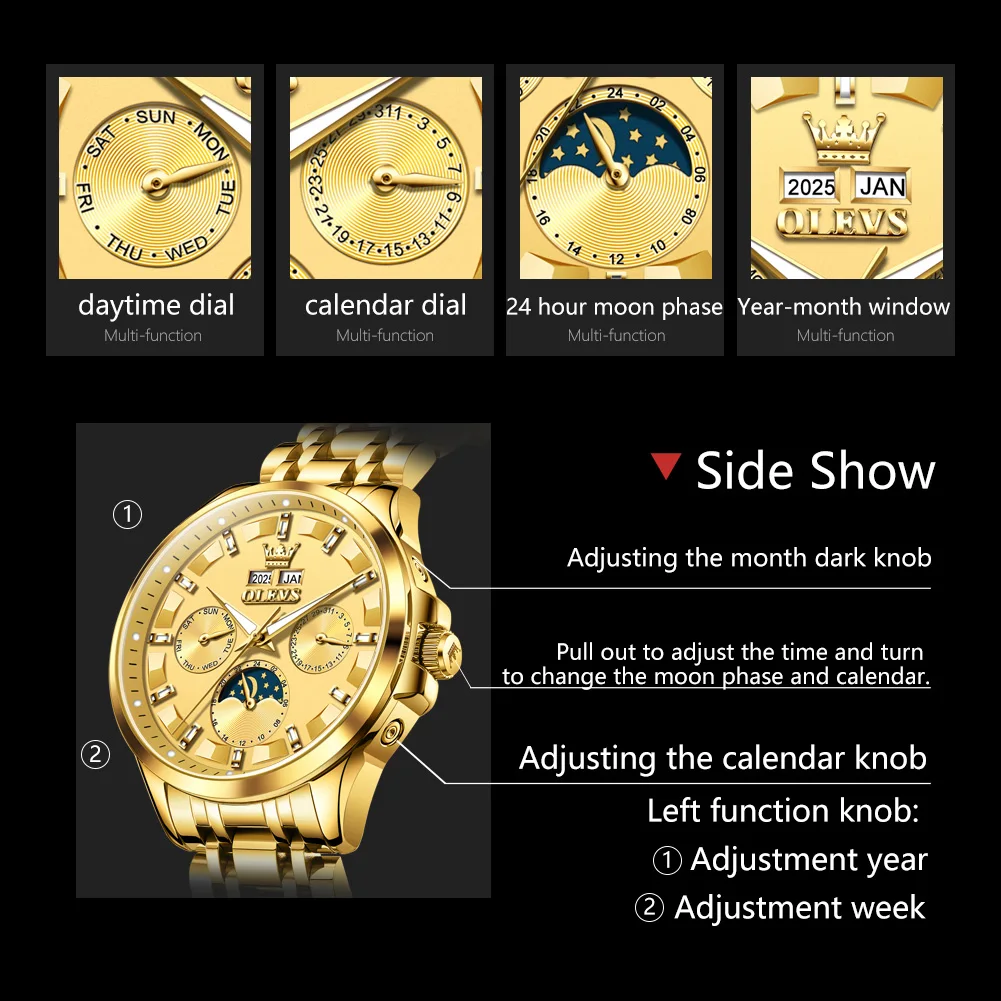 OLEVS 7070 Watch For Men Tourbillon Mechanical Fashion Wristwatch 30M Waterproof Two Location Time Display Man Moon Watches