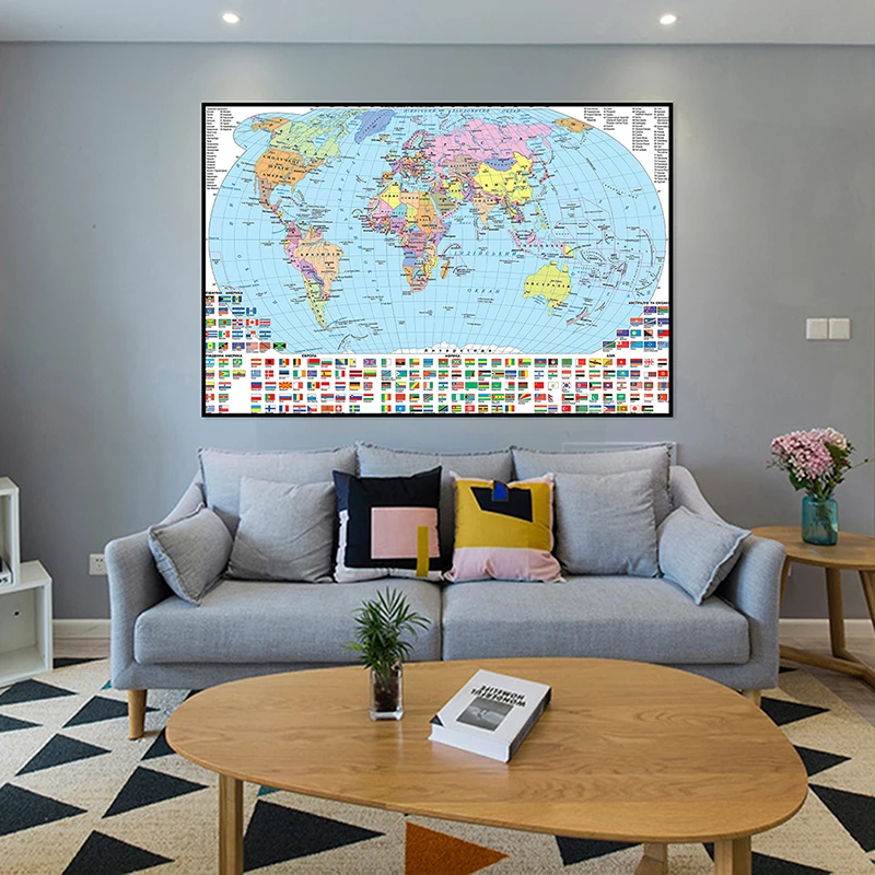 84x59cm Unframe Ukrainian World Political Map with Country Flags Non-woven World Map Poster Wallpaper Eco-friendly Paper Gift 225 150cm ukrainian world political map with country flags non woven canvas painting wall art poster living room home decoration
