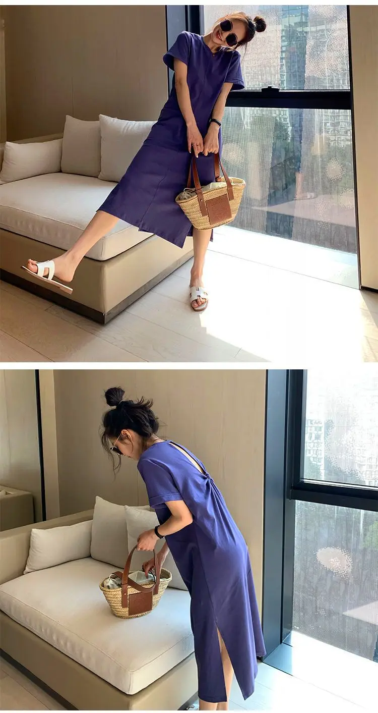 Casual Backless T Shirt Dress Summer New Round Neck Short Sleeve Solid Color Loose Midi Dress Fashion Trend Women Clothing