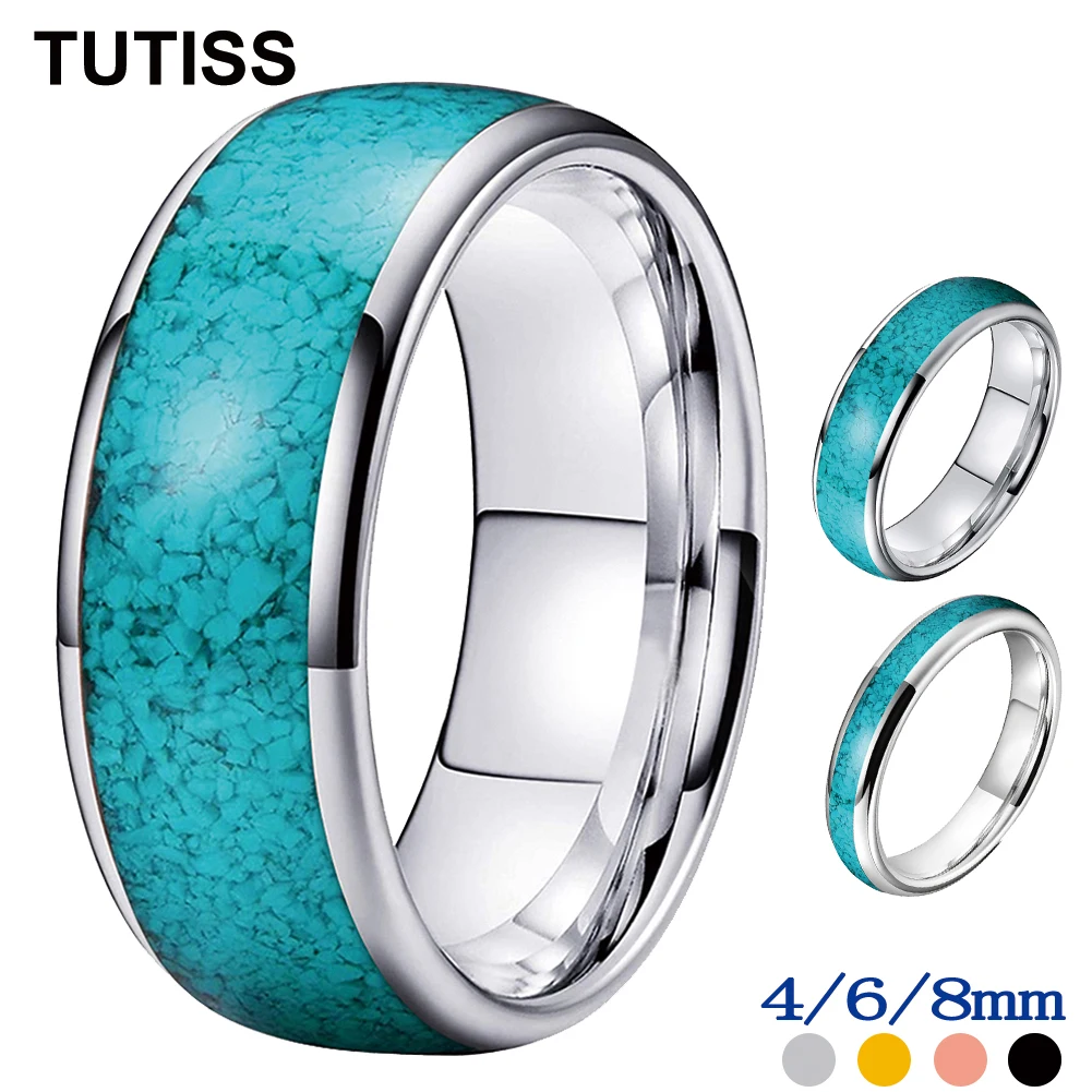 

TUTISS 4mm 6mm 8mm Tungsten Rings for Men Women Engagement Wedding Bands Crushed Turquoise Inlay Domed Polished Comfort Fit