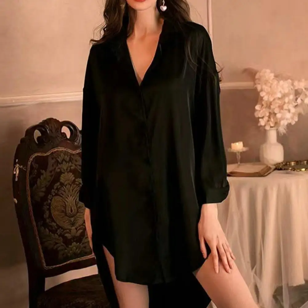 

Women Sleepshirt Satin Nightdress Boyfriend Style Lapel Long Sleeves Loose Single-breasted Irregular Hem Sleeping Shirt Lingerie