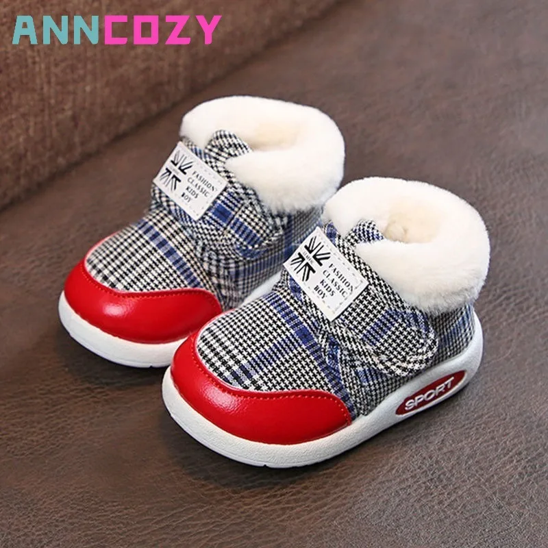 

Winter Baby Boots First Walkers Snow Boots Unisex Boys Girls Warm Boots Canvas Plush Ankle Hook Loop Checked Round Toe Shoe