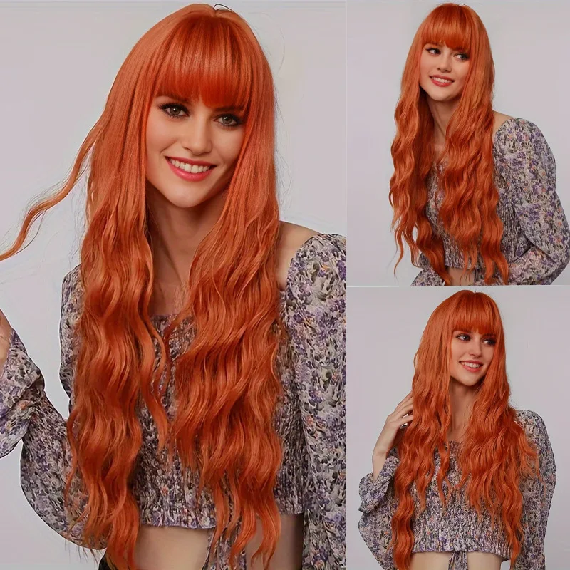 

New European and American wig for women with orange long hair wool curly air bangs cross-border supply manufacturer wholesale