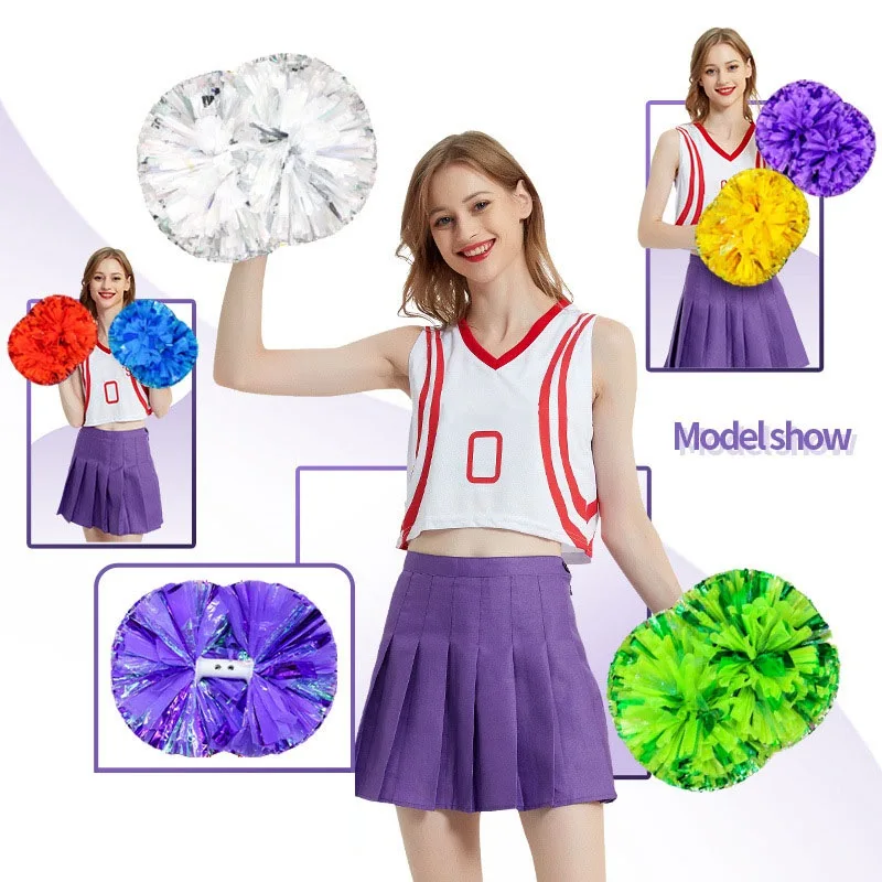 1 Pair Plastic Handle Cheerleader Pom Poms Metallic Shine Streamer Cheerleading Pompom Ball Game Dance Decorator Club Supply