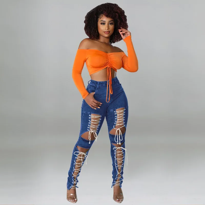 

KEXU Washed Eyelet Lace Up Hollow Out Pencil Jeans 2024 Women Summer Streetwear Sexy Denim Pants Fashion Trousers