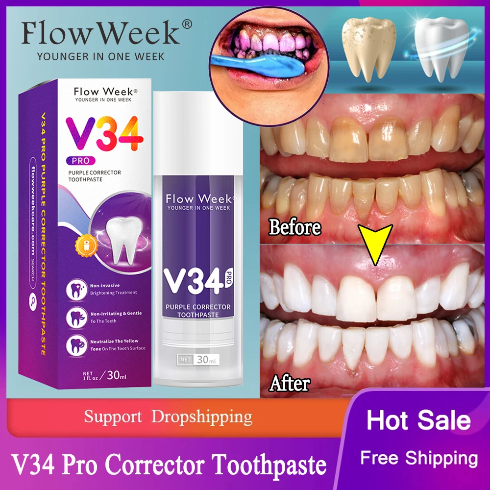 FlowWeek V34 Teeth Whitening Purple Toothpaste Teeth Whitening and Bleaching Teeth Removes Smoke Stains and Coffee Stains hismile v34 teeth color corrector whitening purple 1 53 fl oz 30ml）