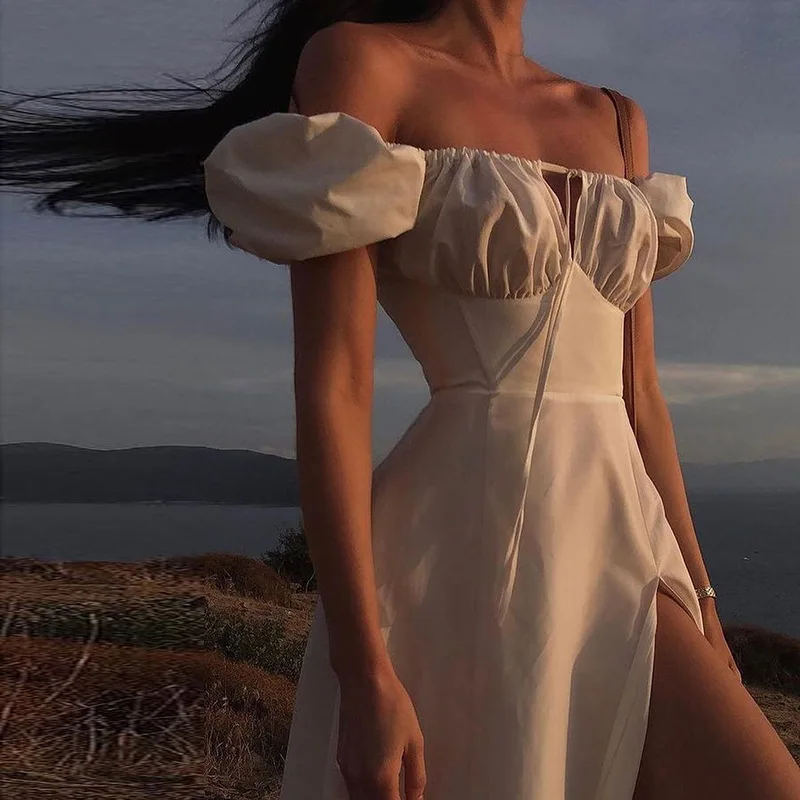 

Summer 2022 Women's Wear Drawstring Lace Up High Bubble Sleeve Long Square Neck Party Dresses Mujer Vestido