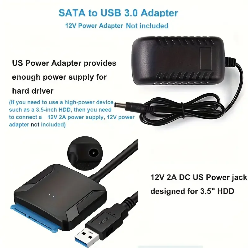 SATA-USB 3.0 케이블 SATA III 하드 드라이브 어댑터 최대 6Gbps, 2.5/3.5인치 HDD/SSD 하드 드라이브 디스크용, 12V/2A 전원 공급 SATA 지원