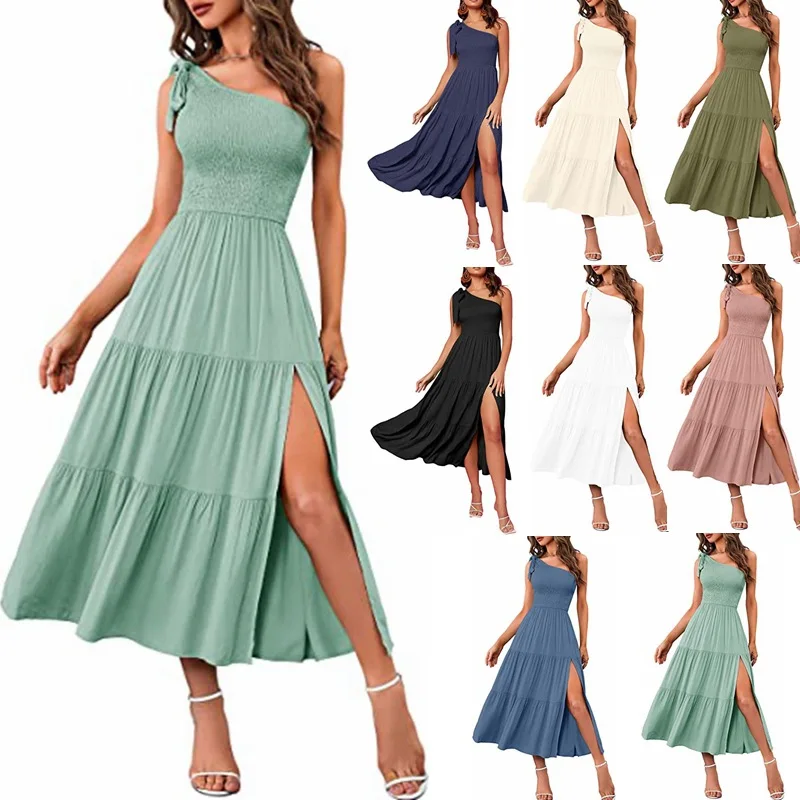 

2024 Summer New and FashionWomen`s Dress One-shoulder Pleated Layering Split Dress Sexy Dress