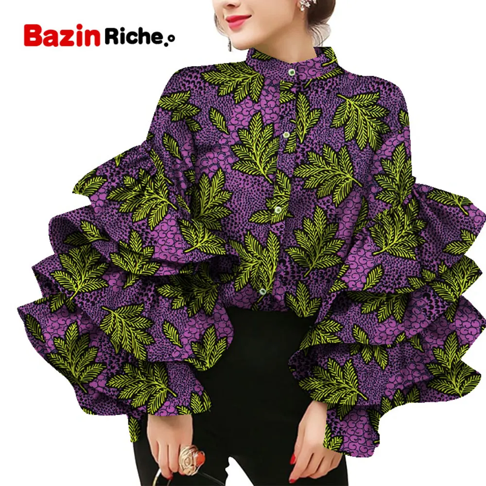 

African Dress Shirt Stand Collar Layers Flare Sleeve Blouses for Women Wax Print Cotton Top Plus Size Lady Clothes Party WY8635