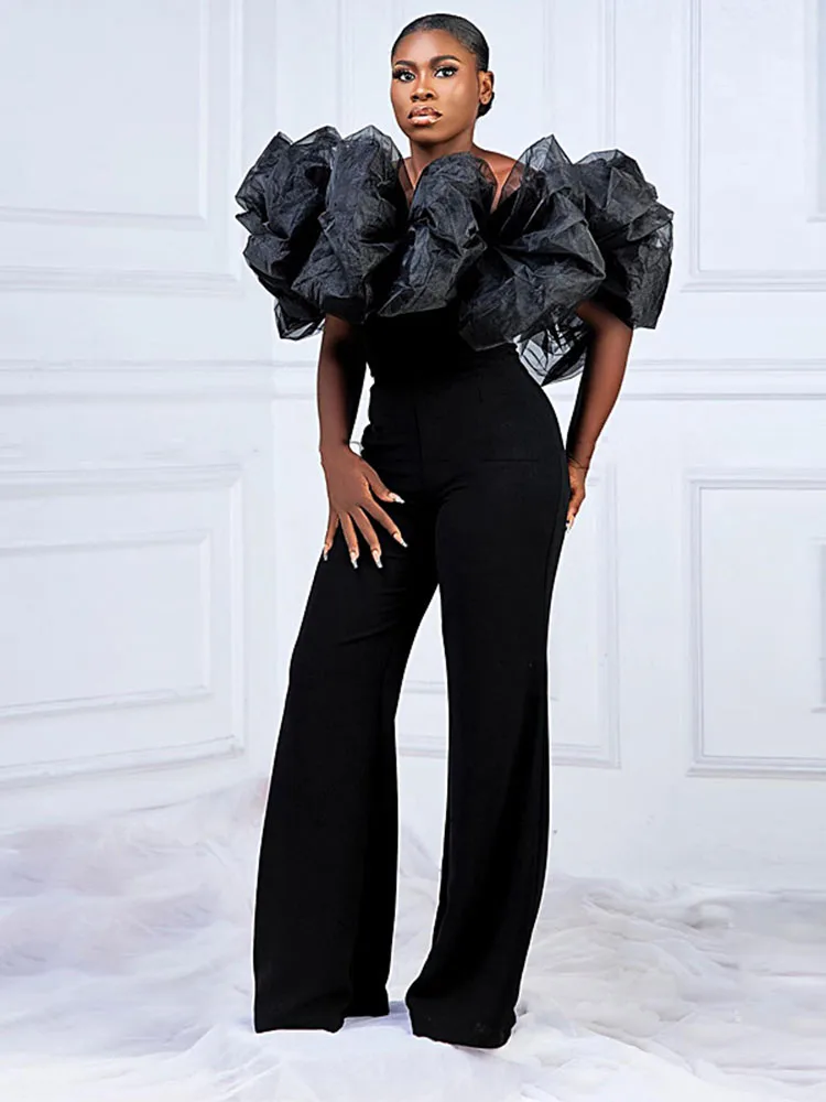 

Szkzk Mesh Flowers Ruffle Patchwork Off Shoulder Wide Leg Jumpsuit Summer Sexy Birthday Party Evening Gowns Corset One Piece Set