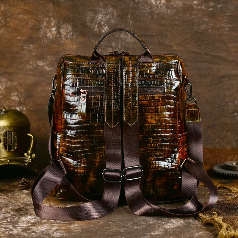 Leather Backpack Vintage Men's Backpack with Large Capacity in Genuine Leather Crocodile Print
