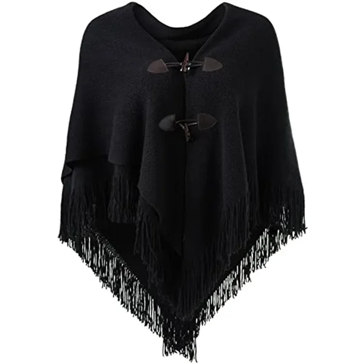 

Winter Cape Women Poncho Horn Buckle Irregular Double Fringe Cloak Ladies Scarves Mujer Shawls Coat Wraps