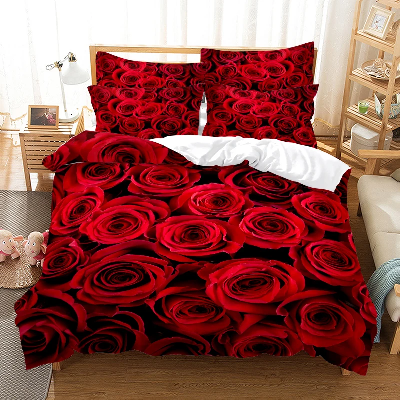 

Romantic Red Rose Bedding Set Quilt Duvet Cover Comforter Valentine's Day Flowers Couple Lover for Women Men Gift Bedroom Decor