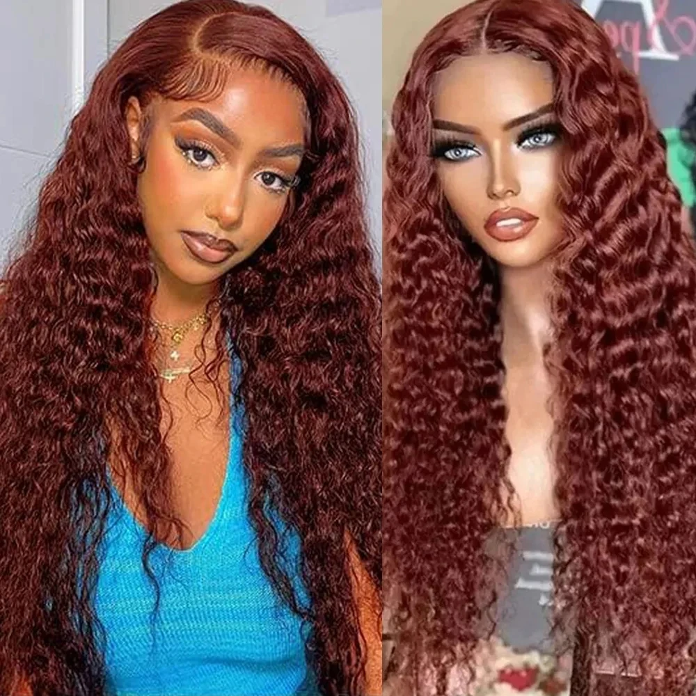 

Reddish Brown Deep Wave 13x6 HD Lace Frontal Wig Remy Pre Plucked Colored Water Curly 13x4 Lace Front Human Hair Wigs For Women