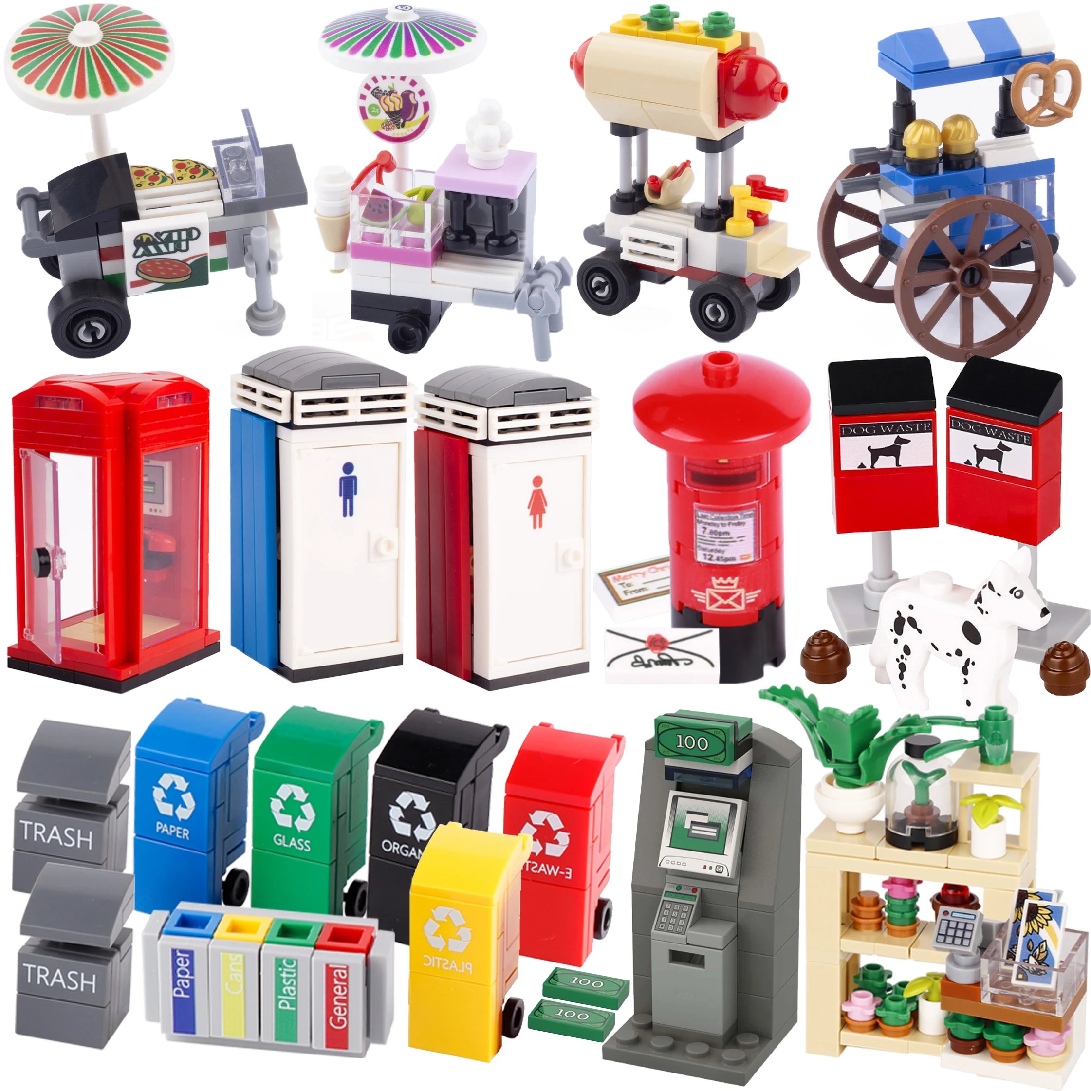 City Food Street View Vendor Hot dog Roadside Stand Building Blocks Ice Cream Newsstand Flower Shop Trash Can Toilet Bricks Toys 1