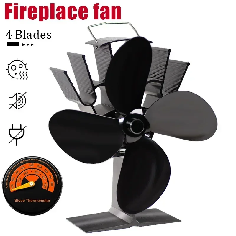 4 Blade Heat Powered Stove Fan Black Fireplace Fan komin Log Wood Burner Eco Friendly Quiet Home Efficient Heat Distribution