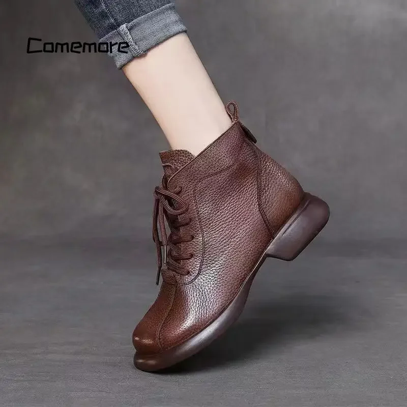 Comemore Soft Leather Short Women's Ankle Boots 2023 Autumn Winter New Comfortable Velvet Retro Thick Bottom Knight Boot Women