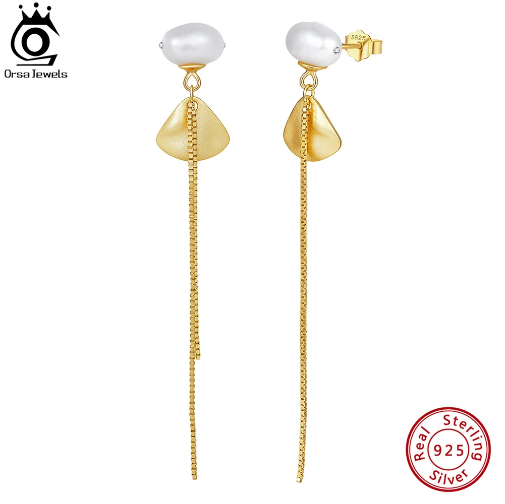 

ORSA JEWELS Fashion Long Chain Pearl Earrings for Women 14k Gold 925 Sterling Silver Tassel Dangle Earrings Jewelry GPE88