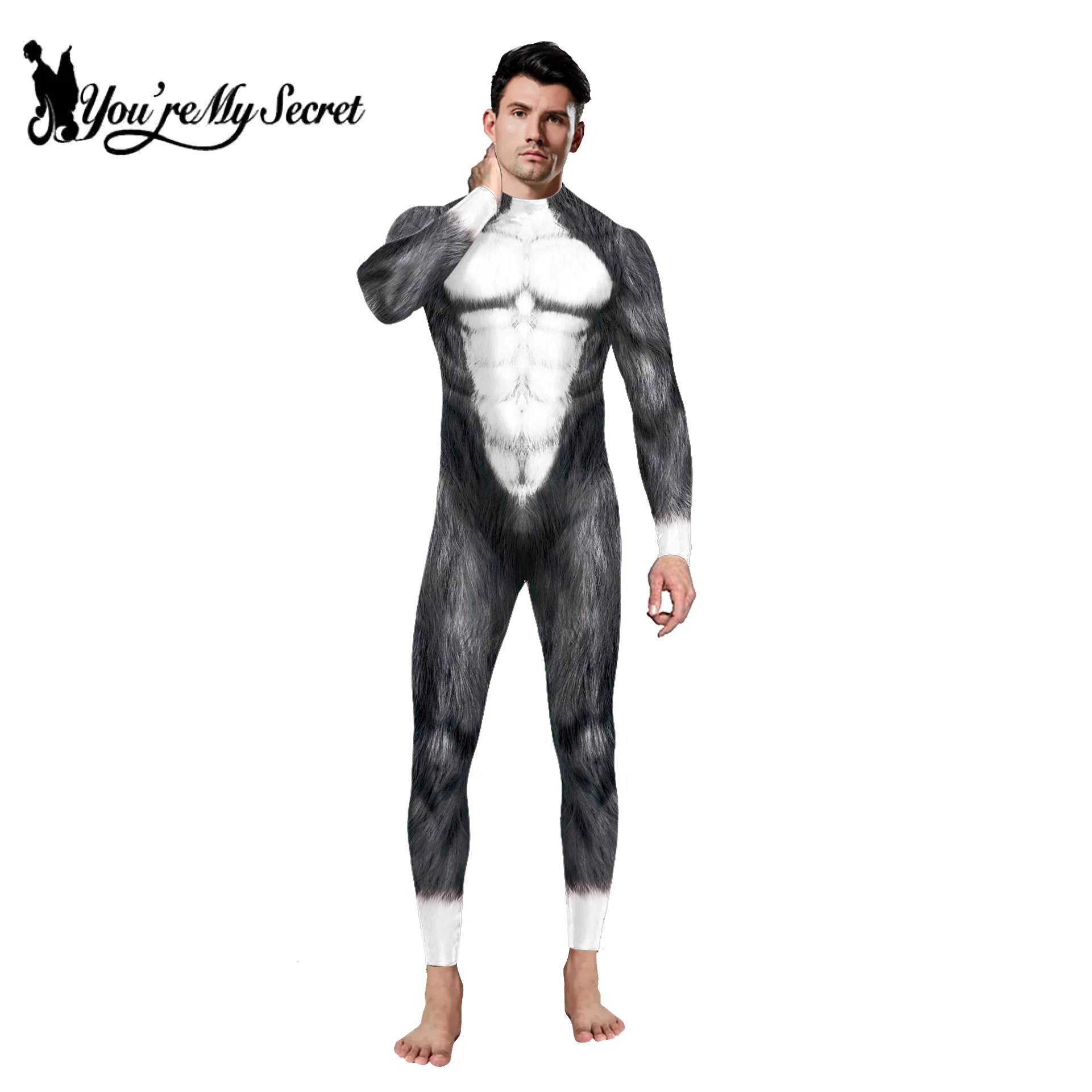 [You're My Secret] Animal Husky Fox Wolf Printed Cosplay Costume Halloween Party Zentai Jumpsuit for Adult Boys Male Bodysuits for cosplay costume