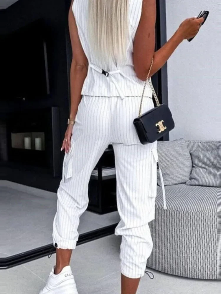 Chic Casual Striped Printed Vest Pants Suit for Women New Summer  V-neck Button Top Pocket Loose Pants Outfits Two-piece Suit