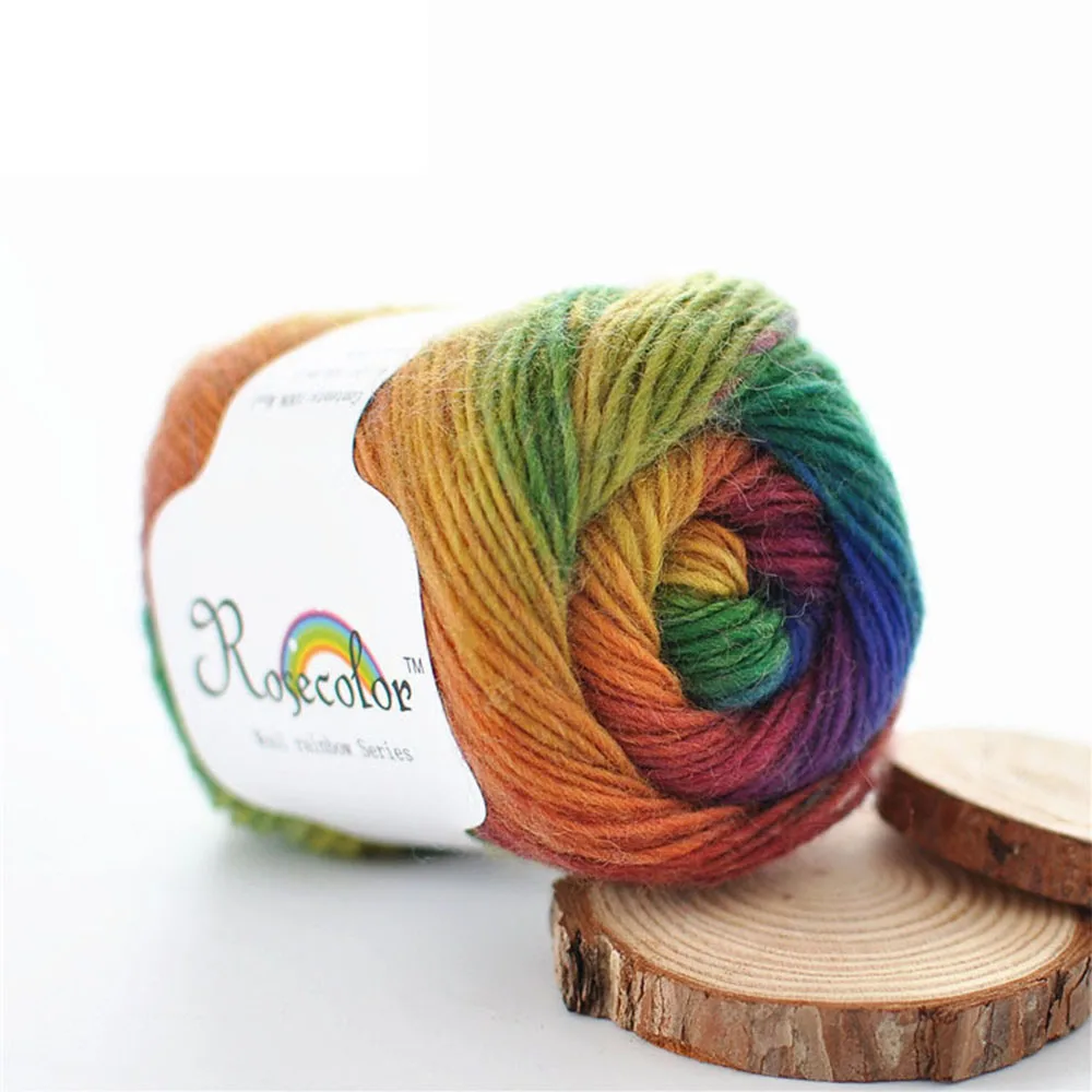100% Pure Wool Fiber Yarn 50g/180m Rainbow Gradient for Hand Knitting Crochet Soft DIY Scarf Shawl Sweater Cushion Crafts Making