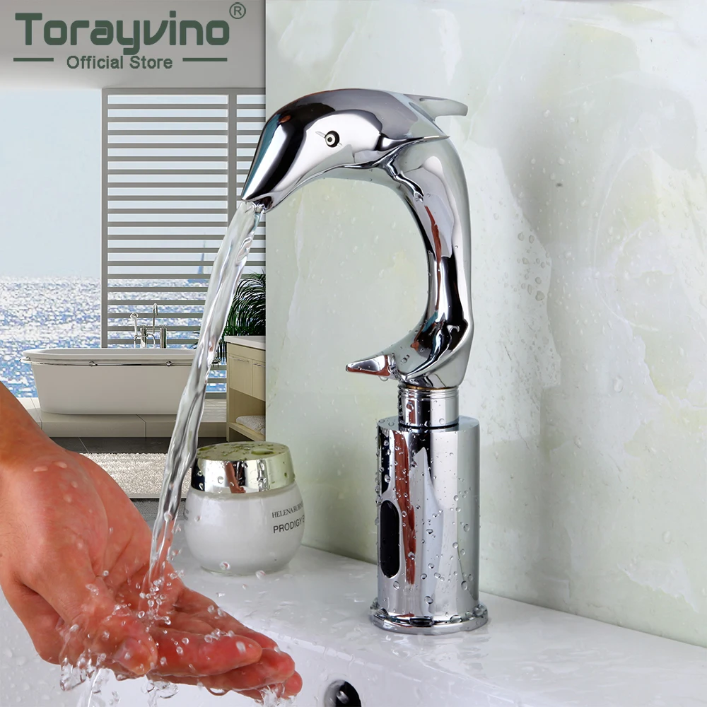 

Torayvino Automatic Sensor Bathroom Faucet Chrome Deck Mounted Basin Torneira Cold & Hot Dolphin Modern Faucets Mixer Water Tap