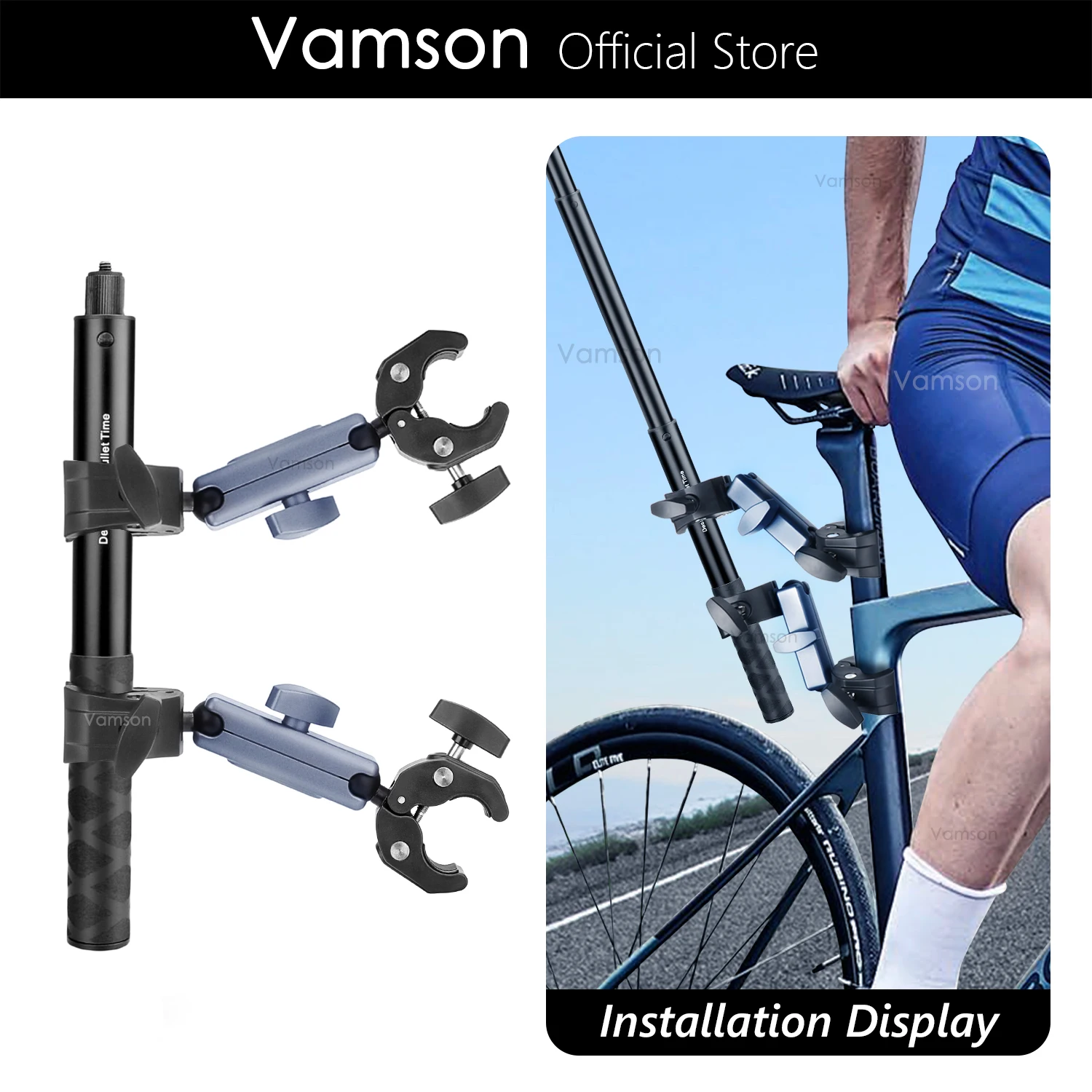 Vamson Bicycle Mobile Phone Clip Telescopic Selfie Stick Monopod Mount for Insta360 One X2 X3 GoPro 11 10 9 8 7 6 Max DJI Iphone